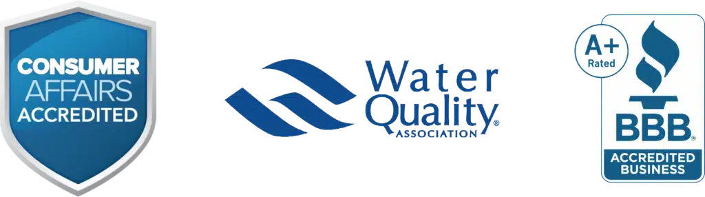 Logos for Consumer Affairs Accredited, Water Quality Association, and BBB A+ rating