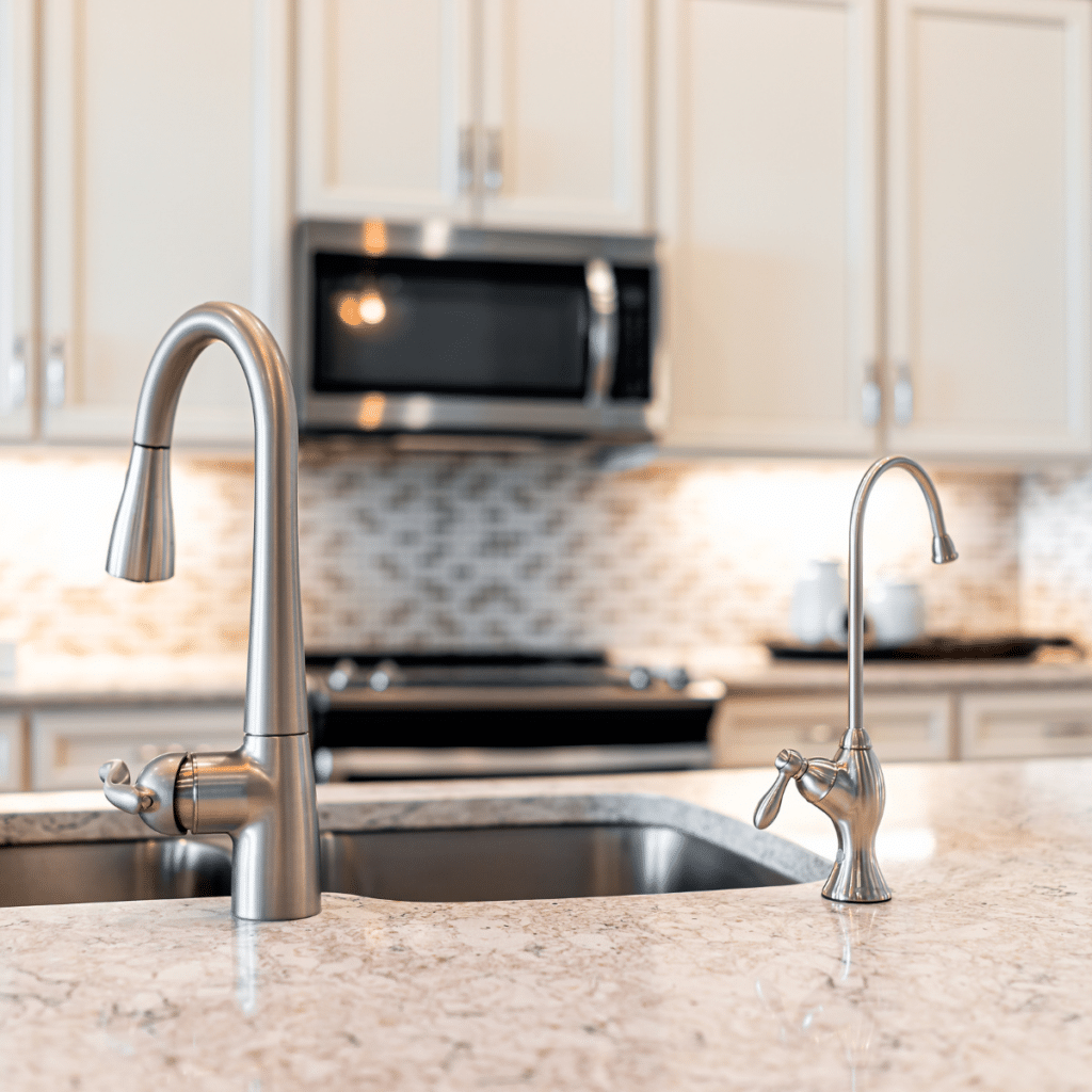 A modern kitchen sink with a high-arc faucet and a separate filtered water tap